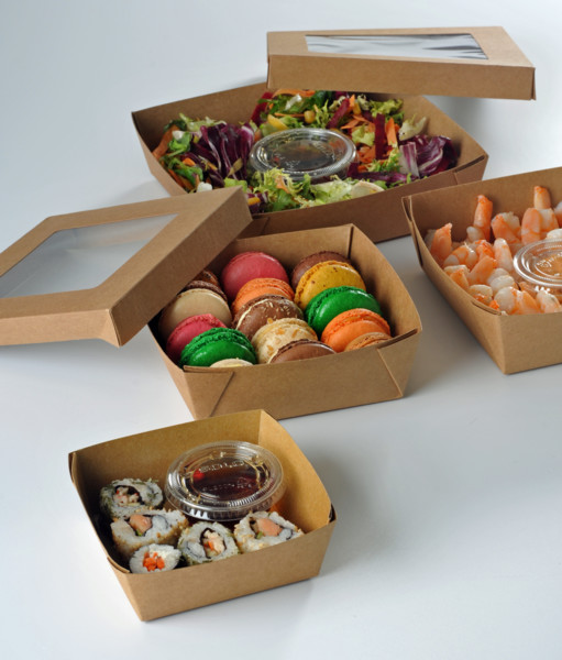 Vaisselle en carton jetable pour plats à emporter : sushis, macarons, salades...