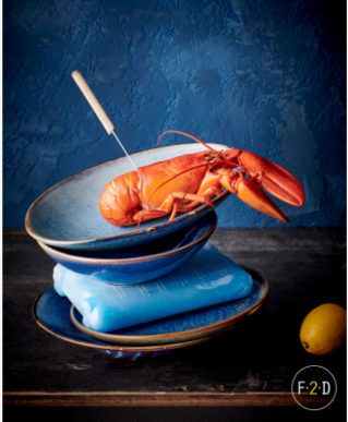 Assiette bleue en porcelaine présentée sur un fond bleu avec un homard orange qui ressort dedans.