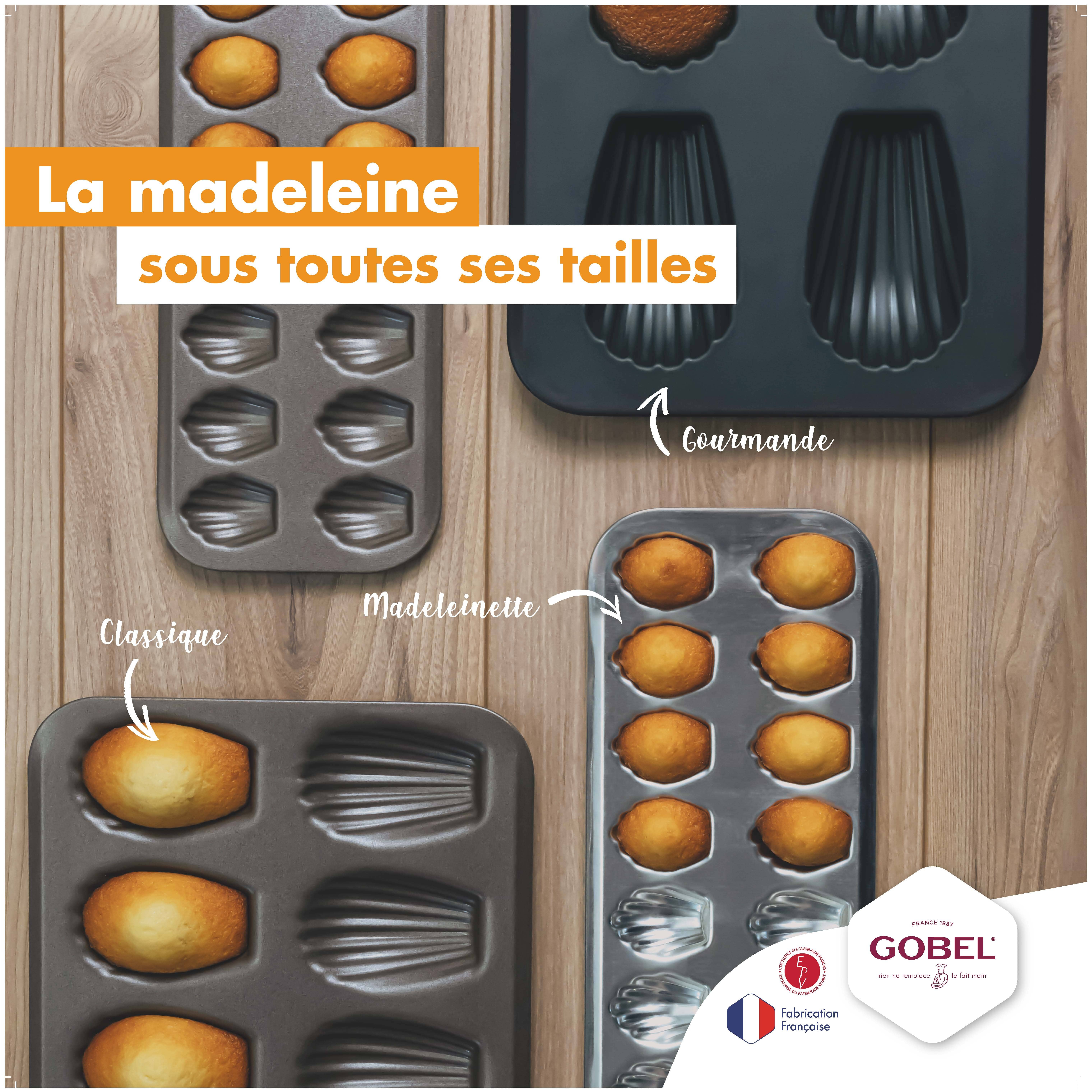 Divers moules à pâtisserie de la marque Gobel : moules à madeleines de différentes tailles.